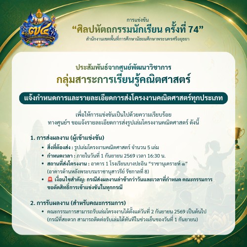 แจ้งกำหนดการและรายละเอียดการส่งโครงงานคณิตศาสตร์ทุกประเภท