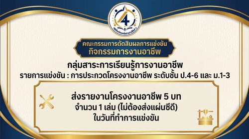 แจ้งจากคณะกรรมการตัดสิน การแข่งขันการประกวดโครงงานอาชีพ ระดับชั้น ป.4-6 และ ม.1-3 กิจกรรมการงานอาชีพ