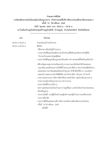 กำหนดการพิธีเปิด งานศิลปหัตถกรรมนักเรียนกลุ่มโรงเรียนภูกระจาน สำนักงานเขตพื้นที่การศึกษาประถมศึกษาศรีสะเกษเขต 4 ครั้งที่ 74 ปีการศึกษา 2569
